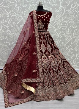 Maroon Dori Work Velvet Lehenga Choli