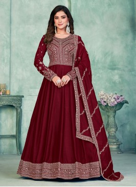 Maroon Embroidered Art Silk Anarkali Suit