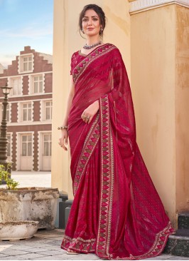 Maroon Embroidered Art Silk Contemporary Style Sar
