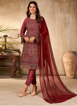 Maroon Embroidered Ceremonial Straight Salwar Kameez