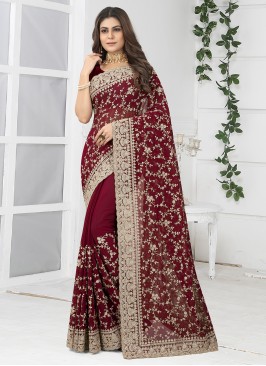 Maroon Embroidered Classic Designer Saree