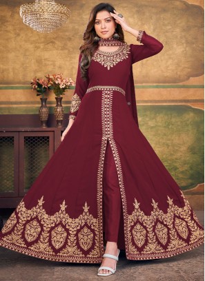 Maroon Embroidered Faux Georgette Anarkali Salwar Kameez