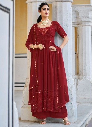 Maroon Embroidered Party Readymade Salwar Kameez