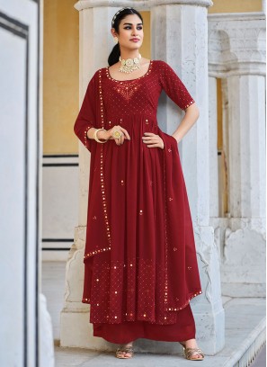 Maroon Embroidered Party Readymade Salwar Kameez