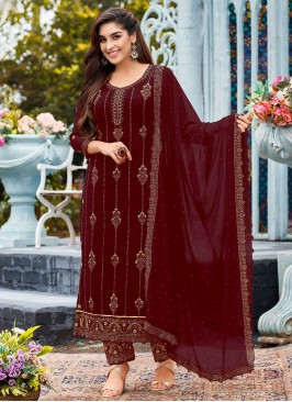 Maroon Faux Georgette Embroidered Pant Style Suit