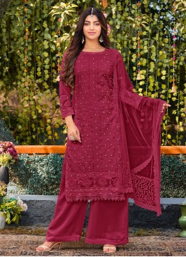 Maroon Faux Georgette Embroidered Salwar Kameez