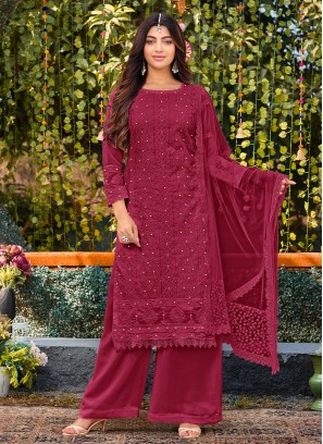 Maroon Faux Georgette Embroidered Salwar Kameez