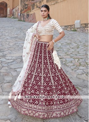 Maroon Georgette Lehenga with Embroidery and Handwork and Silk Blouse