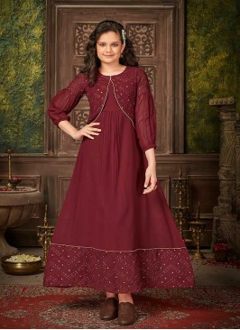 Maroon Grey Color Georgette Kids Gown