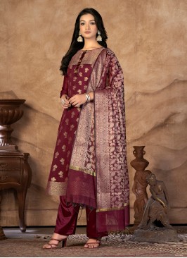 Maroon Jacquard Work Banarasi Silk Salwar Suit