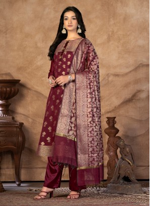 Maroon Jacquard Work Banarasi Silk Salwar Suit