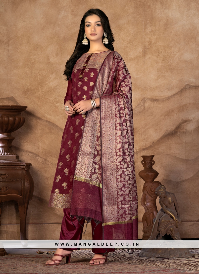 maroon jacquard work banarasi silk salwar suit 63987