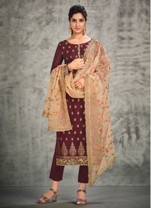 Maroon Jacquard Work Organza Trendy Salwar Suit