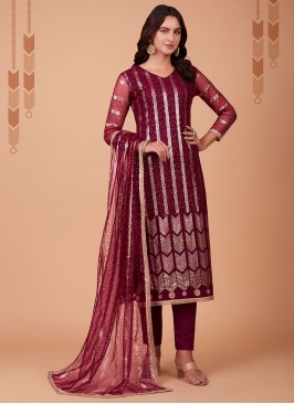 Maroon Mehndi Net Long Length Salwar Suit