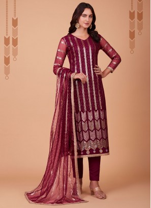 Maroon Mehndi Net Long Length Salwar Suit