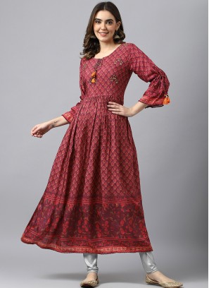 Maroon Muslin Floral Printed Dress.