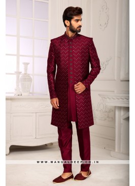 Maroon Navabi Indo Western Embroidered Georgette Sherwani with Art Silk Aligadhi Bottom.