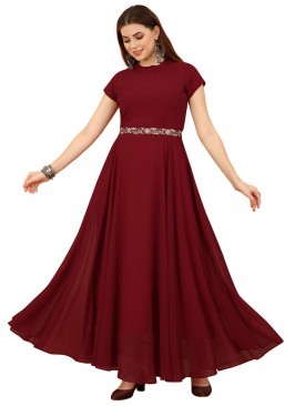 Maroon Plain Designer Gown