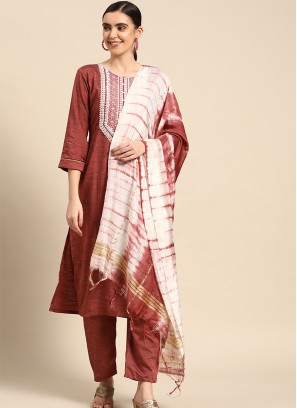 Maroon Poly Cotton Embroidered Kurta with Trouser & Dupatta