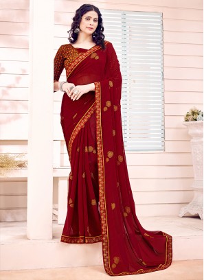 Maroon  Printed Georgette Saree With Blouse