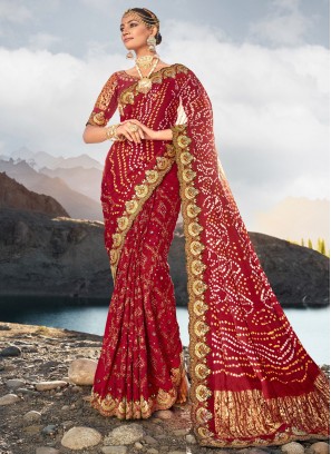 Maroon Satin Bandhej Contemporary Saree