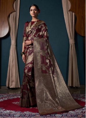 Maroon Satin Silk Ceremonial Classic Saree