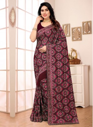Maroon Swarovski Georgette Traditional Saree
