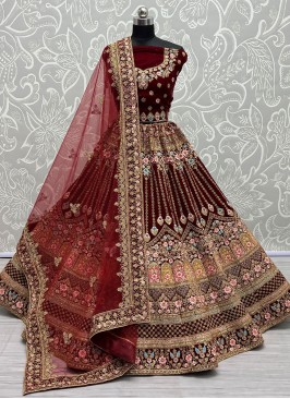 Maroon Velvet Reception Lehenga Choli