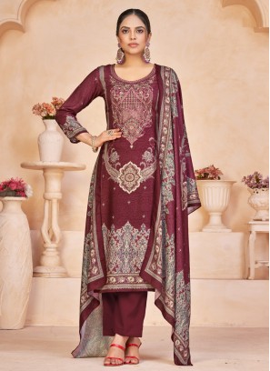Maroon Viscose Embroidered Pant Style Suit
