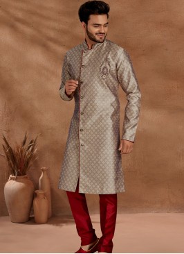 Light Antique and Marron Set with Jaqard Top and Art Silk Trousers Semi Sherwani.