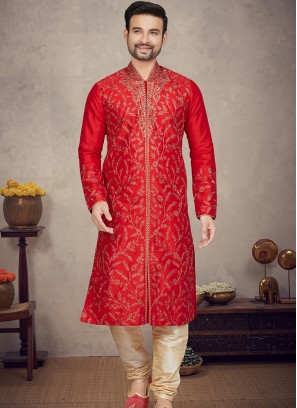 Marron Art silk Kurta with Gold Churidar Bottoms.