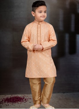 Peach Elegance Boys' Kurta and Trouser Set.