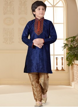 Navy Blue Art silk Indo Western Suit for Boys.