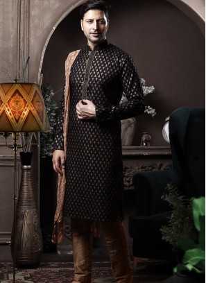 Black Silk Kurta Pajama with Chikoo ArtSilk Trouser.