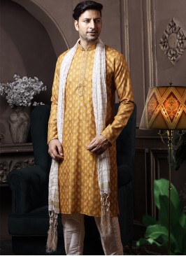 Mustard Silk Kurta Pajama with Cream ArtSilk Trous