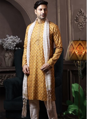 Mustard Silk Kurta Pajama with Cream ArtSilk Trouser.