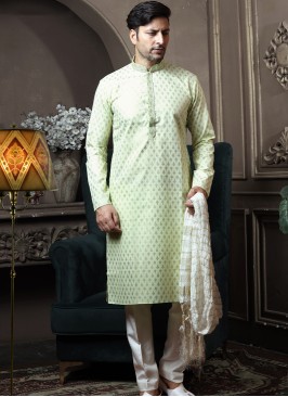 Light Pista Silk Kurta Pajama with Off-White ArtSi