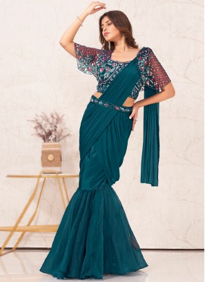 Marvelous Imported Plain Teal Lehenga Saree