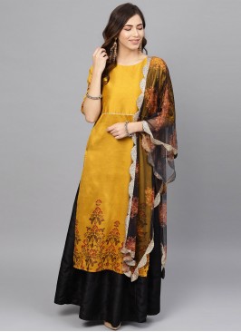 Marvelous Printed Mustard Poly Silk Readymade Salwar Suit