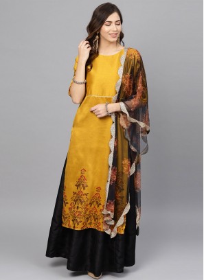 Marvelous Printed Mustard Poly Silk Readymade Salwar Suit