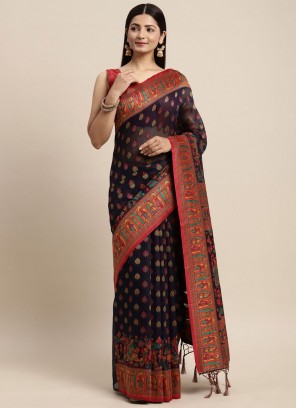 Marvelous Woven Navy Blue Cotton Classic Saree