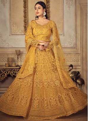 Marvelous Yellow Net A Line Lehenga Choli