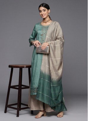 Masterly Aqua Blue Silk Readymade Salwar Kameez