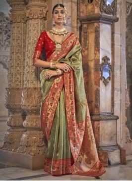 Masterly Banarasi Silk Weaving Green and Red Contemporary Style Saree