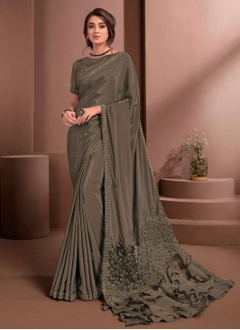 Masterly Crepe Silk Brown Embroidered Classic Sare