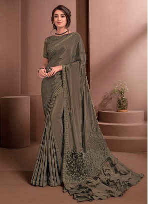 Masterly Crepe Silk Brown Embroidered Classic Saree