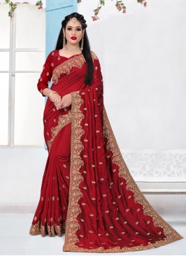 Masterly Embroidered Silk Red Traditional Saree