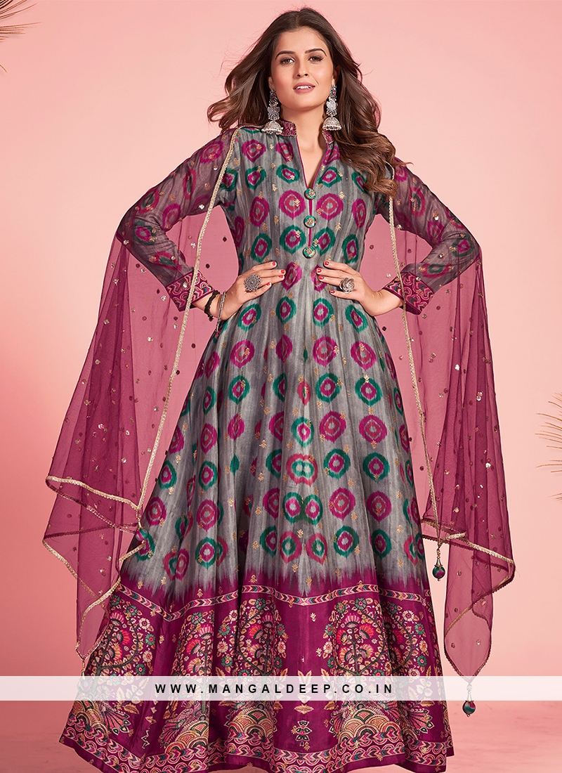 Grey Bliss Designer Grad Readymade Gown with Pink Dupatta