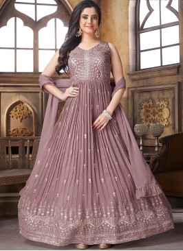 Mauve Color Georgette Thread Work Floor Length Suit