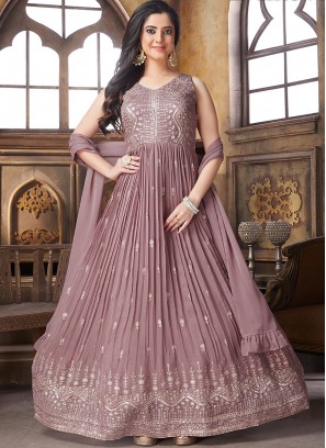 Mauve Color Georgette Thread Work Floor Length Suit